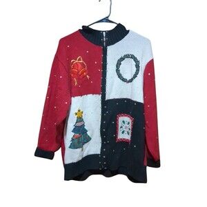 Dressbarn Sweater Christmas Women's Sequin Applique Zipper Front Cardigan 18/20